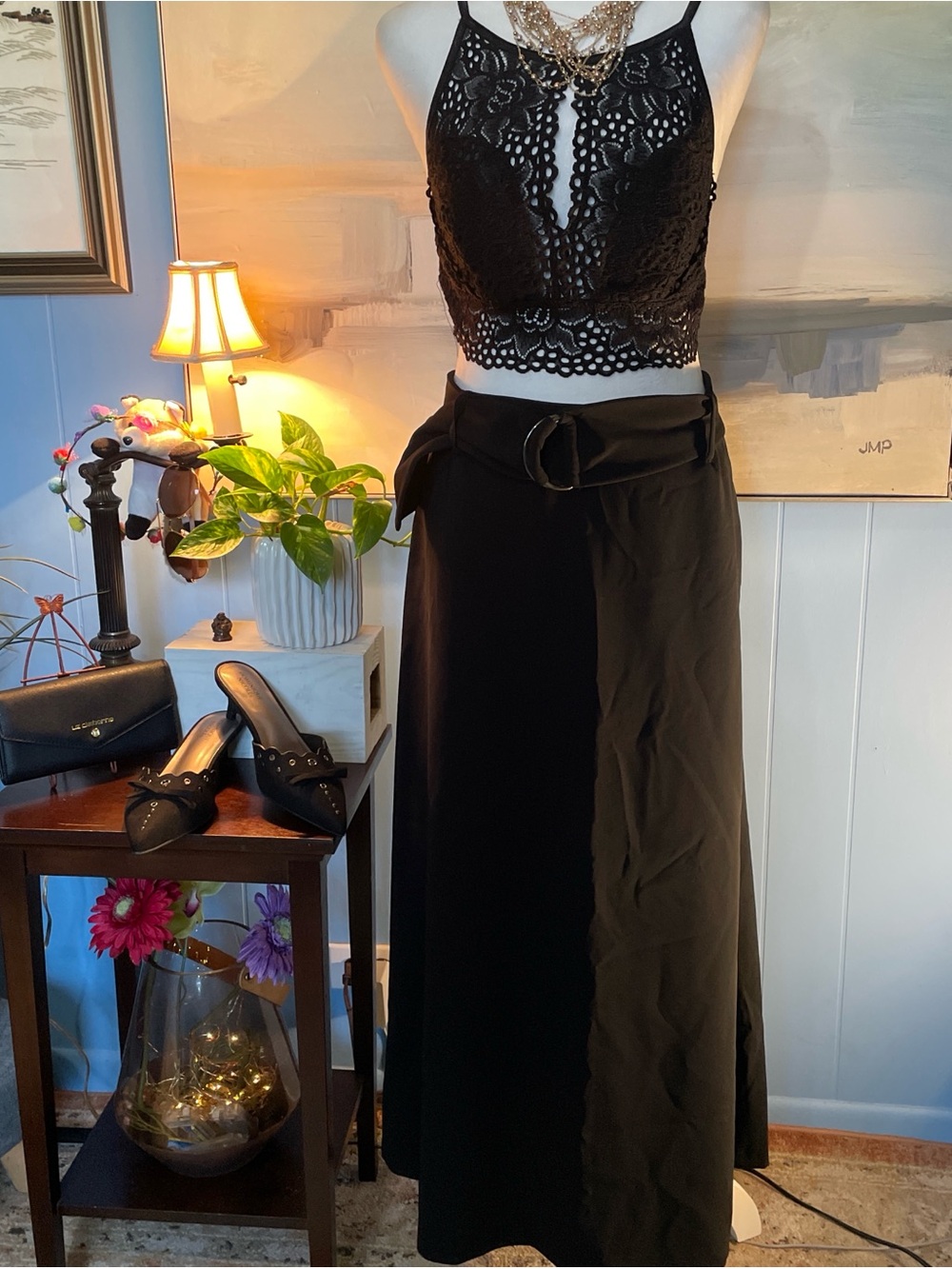 Jones New York Black High-Waist Belted Maxi Skirt
